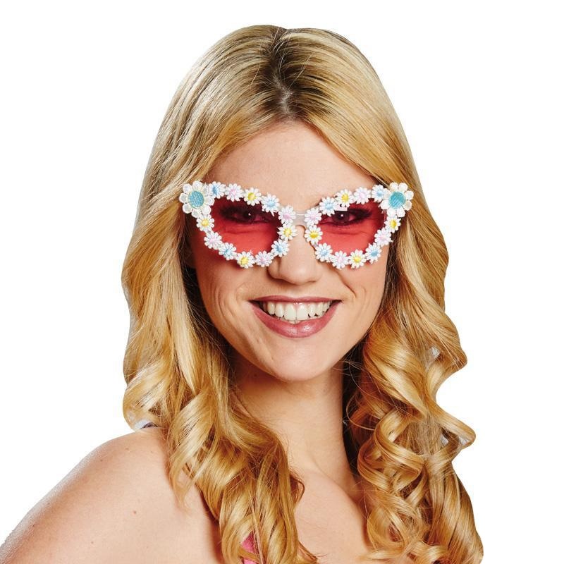 Bloemenbril wit - Willaert, verkleedkledij, carnavalkledij, carnavaloutfit, feestkledij, brillen, feestbril, gekke bril